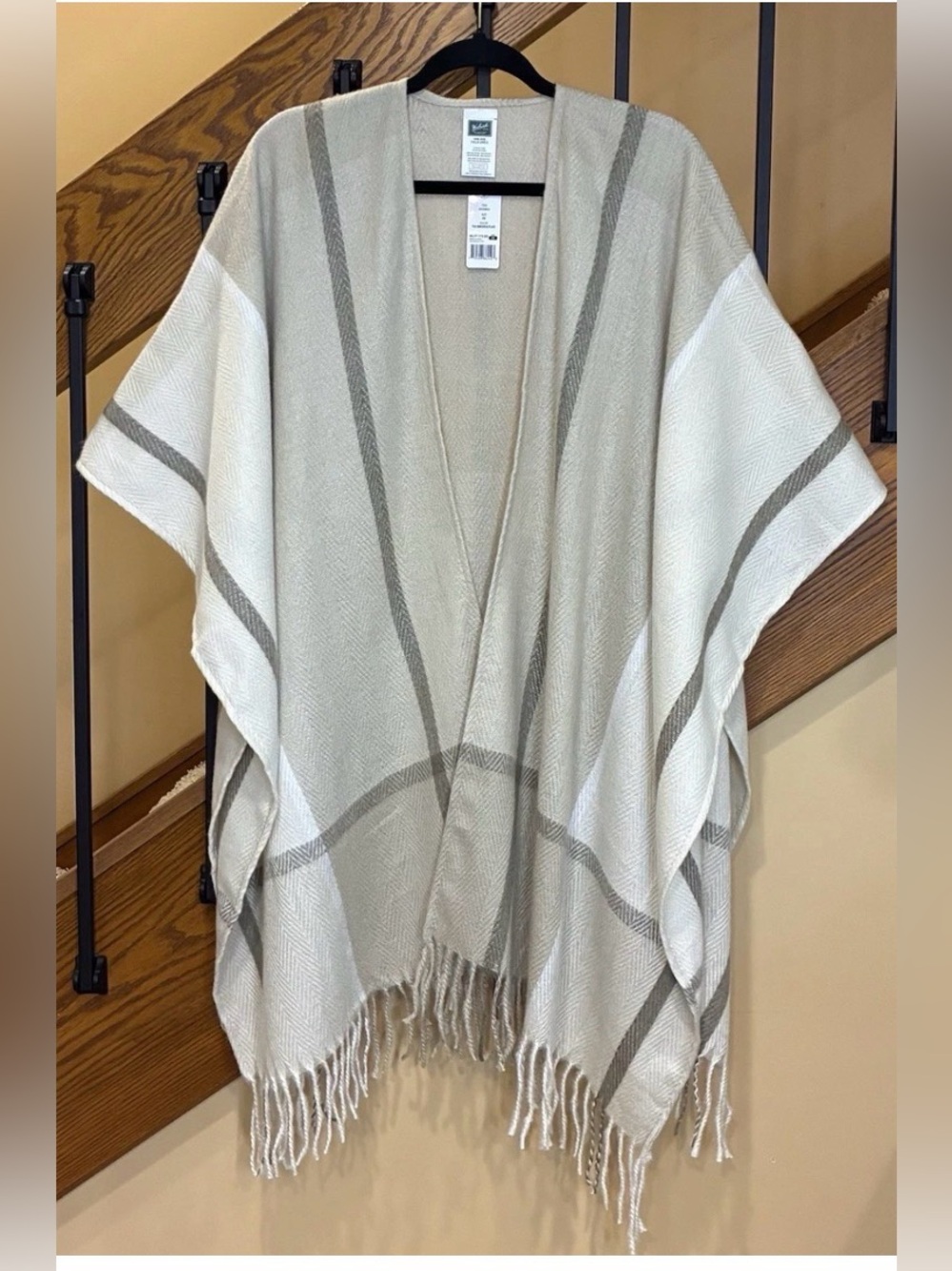 Woolrich Cream Open-Front Fringe Poncho with Taupe Stripes